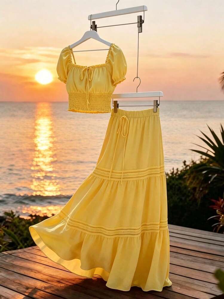Spring Break Summer Casual Vacation Beach Outfit, Off-Shoulder Top And Long Skirt Set, Yellow For Women