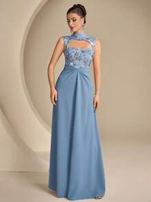Coutiva Women's Floral Sequin Hollow-Out Formal Evening Gown,Elegant High-End Sleeveless Luxury Party Dress For Wedding,Graduation Ceremony & Ball Ceremony - Dusty Blue - View 4