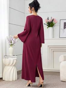 Yasmyna Gaun Musim Semi & Musim Panas Elegan dengan Leher Persegi, Kain Bordir Patchwork, dan Pinggang Ramping untuk Wanita - Burgundy - View 2