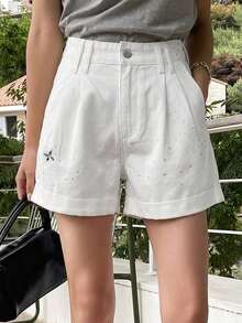 DAZY Quần short jeans ống đứng lửng dáng casual đính pha lê lấp lánh dành cho nữ, thích hợp cho mùa xuân, hè, đi biển và phong cách đường phố. - trắng - Xem 2