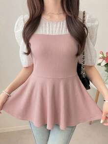 FRIFUL Women's Contrast Color Patchwork Sheer Lace Slim Fit Casual T-Shirt, Suitable For Spring And Summer - Pink - View 4