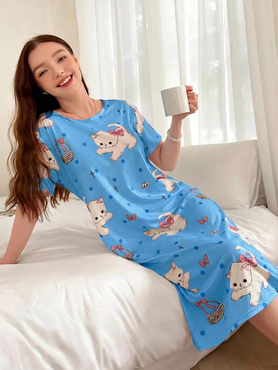 SHEIN 140g牛奶絲數碼印花女款睡裙 - 彩色 - 查看 1