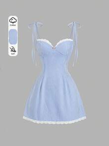 Vestido mini de tirantes con diseño de encaje francés vintage y parches de cuadros azules, con diseño de espalda abierta en línea A, ajustado y estilizador, vestido de verano jugue - Azul - Ver 2