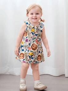 CoComelon X SHEIN Đầm không tay in hoa và hoạt hình cho bé gái - Màu be - Xem 2