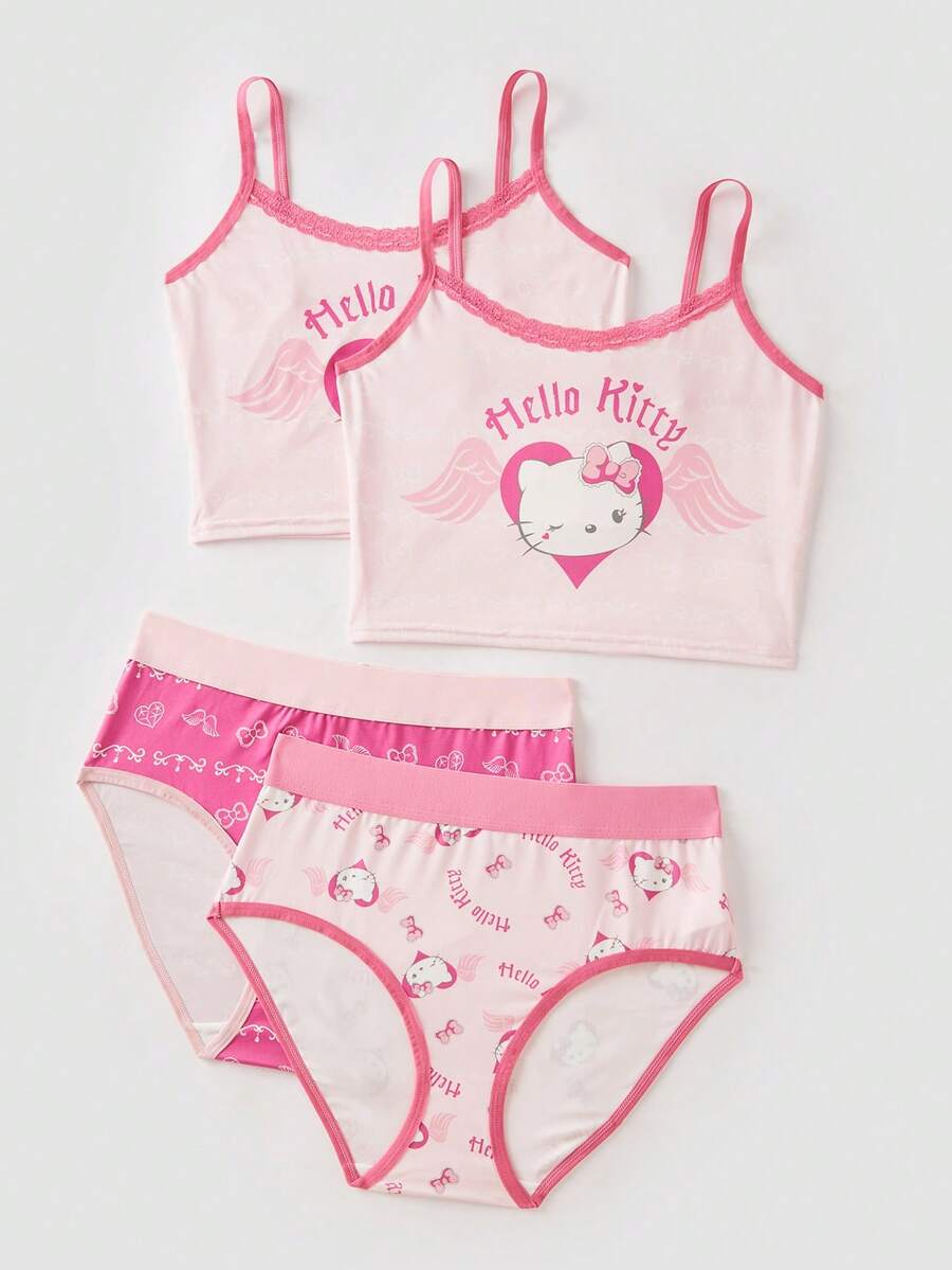 Chillnights HELLO KITTY AND FRIENDS | SHEIN Y2K復刻 | 蝴蝶結蕾絲飾邊內衣套裝 4件組 - 彩色 - 查看 1