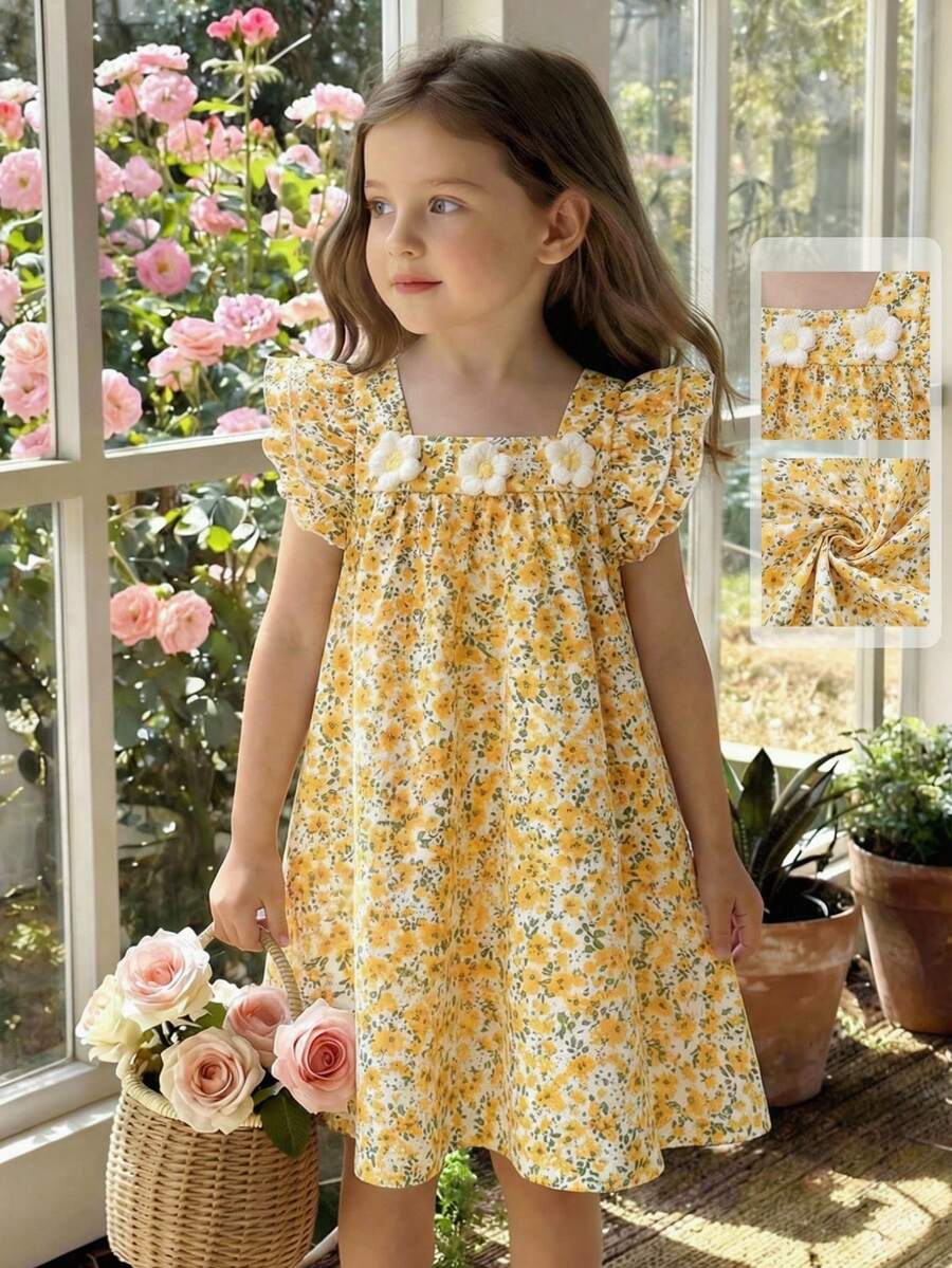 SHEIN Vintaside Kids 女童藍白條紋方領荷葉袖花卉裝飾寬鬆A字洋裝,適合休閒、海灘、夏季度假穿著 - 黃色 - 查看 1