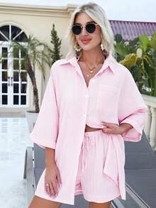 Swim Vcay Áo khoác kimono dáng rộng kẻ sọc, kiểu dáng thường ngày đi biển, thích hợp cho lễ hội âm nhạc, mùa xuân/hè. - Hồng - Xem 5