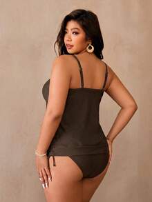 Swim Lushoire Conjunto de tankini de 2 piezas para mujer talla grande, color negro, estilo minimalista casual con camiseta y calzoncillos - Café integral - Ver 2