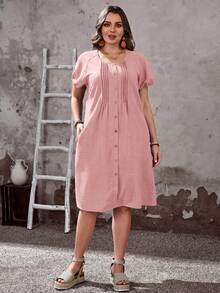 EMERY One Size Solid Color Button Front Casual Summer Dress - Bright Red - View 3