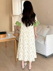 Vestido longo casual solto minimalista com gola redonda e bainha de manga com folhos, estilo vintage boémio floral, para rapariga adolescente, adequado para primavera e verão, verão relaxado, vibrações de férias, viagem ensolarada, looks casuais de primavera, escapadela de verão, looks casuais de primavera, verão relaxado - Multicolorido - Ver 2