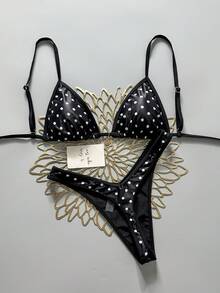 Swim MOD 兩件式泳衣，黑白波點隨機印花，金色花卉裝飾，掛脖三角上衣與高衩丁字褲，女性性感比基尼套裝，春夏季 - 彩色 - 查看 1