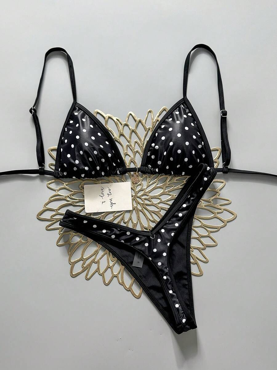 Swim MOD 兩件式泳衣,黑白波點隨機印花,金色花卉裝飾,掛脖三角上衣與高衩丁字褲,女性性感比基尼套裝,春夏季 - 彩色 - 查看 1