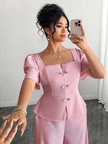 Elenzga Plus Size Women's Elegant Blush Pink Two Pieces Set,Chinese Style Bow Decor Puff Sleeve Top & Pants,Formal Summer Tea Party Outfit For Wedding Prom - Pink - View 2