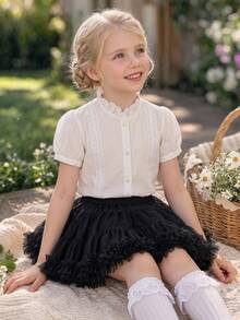 DAZY Young Girl Plain Short Petal Sleeve Single-Breasted Casual Shirt - White - View 1
