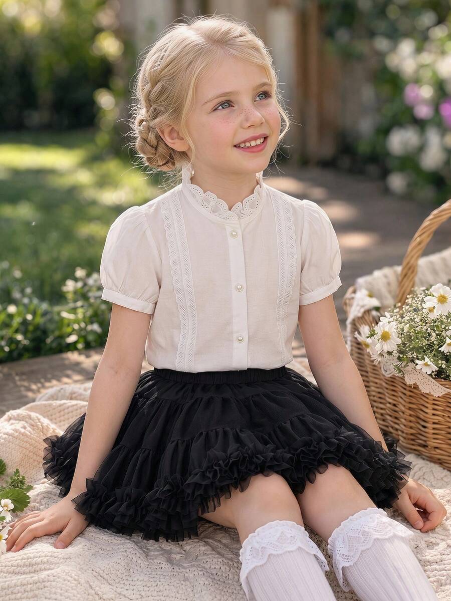 DAZY Young Girl Plain Short Petal Sleeve Single-Breasted Casual Shirt - White - View 1