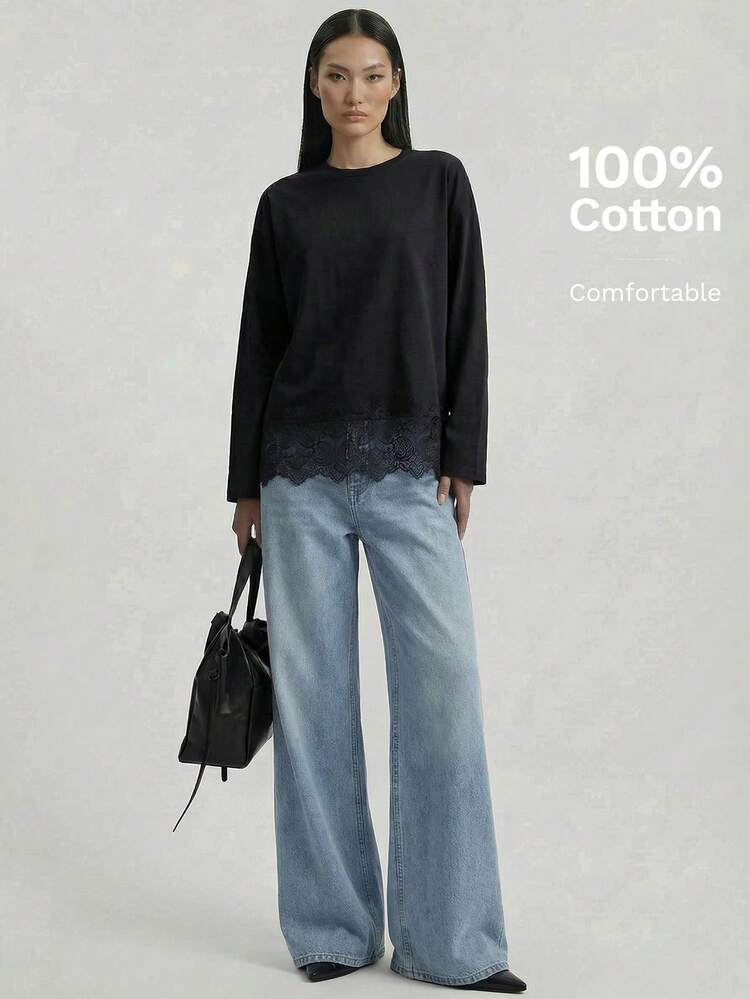 2026 Spring/Summer Women's Lace Hem Splice Long Sleeve Blouse, Urban Commute Business Casual Basic Top, Elegant Summer Top, Valentine's Day Top, Black Top