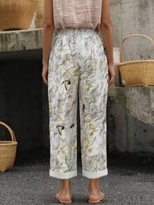 SHEIN Women's Autumn Floral Print Fabric Casual Boho Vacation Style Pants With Pockets And Tie Front Design, Suitable For Beach Garden Street Photography - Apricot - View 2