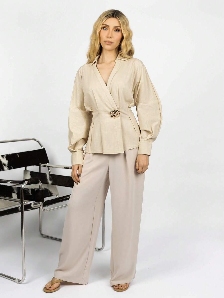 PRISCILA ESCOTO PRISCILA ESCOTO Summer High-Waisted Pants Multi-Piece Set, Wide Leg Pants High Waist Fold Pleated Wide Leg Pants, Pants, Loose Fit, Long Pants - Apricot - View 1