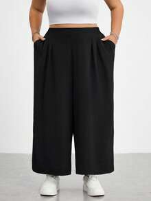 SHEIN CURVE+ Plus Size Women's Black Autumn Smart Casual Everyday Loose Comfortable Wide Leg Pants, Elastic Waist Flowy Pants For Vacation - Black - View 8