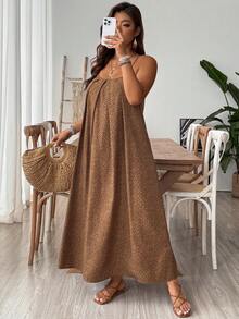 SHEIN VCAY Vestido de alças feminino plus size com estampa de leopardo, estilo férias, vestido de verão feminino - Castanho - Ver 4