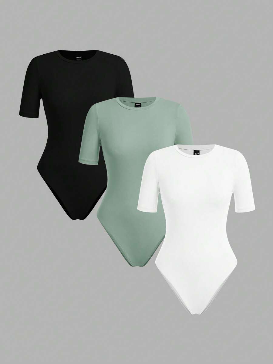 SHEIN BASICS 3件套休闲纯色针织圆领短袖连体衣（女款） - 彩色 - 查看 1