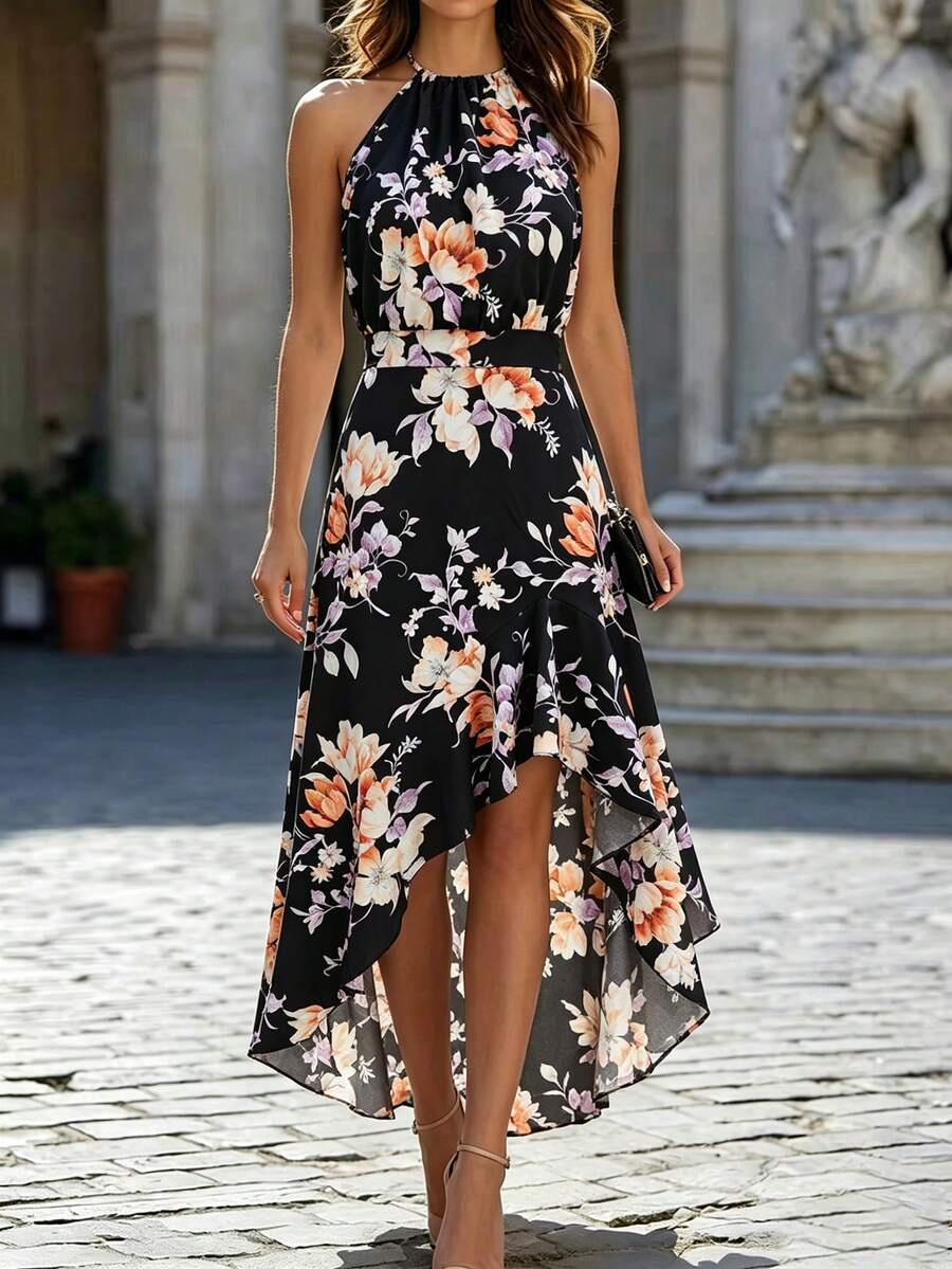 SHEIN Clasi White Floral Print Asymmetrical Ruffle Hem Dress For Vacation - Black - View 1