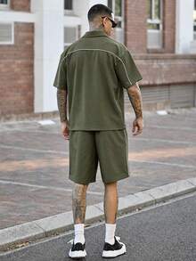Devon Thys 2件套男士休闲拉链短袖衬衫和抽绳短裤套装 - 軍綠色 - 查看 2