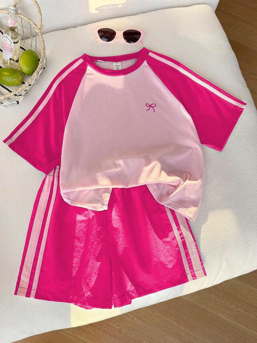 Elladie kids 女童蝴蝶结印花插肩袖T恤和短裤休闲套装 - 玫紅色 - 查看 1
