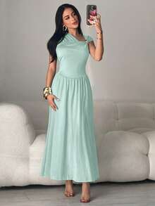 Feyla Spring/Summer Casual And Elegant Commuting, Daily Dates, Birthday Parties, Office Wear, Simple Best Friend Gatherings, Light Evening Gowns, One-Shoulder Off-The-Shoulder Metal Buckle Decorated Umbrella Skirts, Mid-Length Skirts, A-Line Skirts, Sleeveless, Brown Knitted Fabric Women's Mid-Length Dresses - Green - View 6