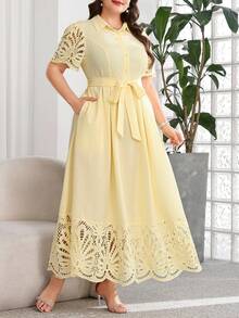 SHEIN Clasi Plus Size Women's Navy Blue Striped Lapel Short Sleeve A-Line Work Commute Dress - Pale Yellow - View 6