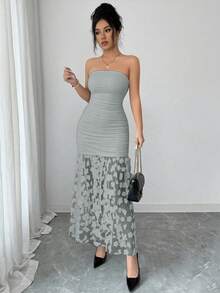 SHEIN Franclia Đầm dạ hội sang trọng, thanh lịch, phối ren hoa tương phản, xếp ly eo, ôm sát, không dây vai, màu trơn, gợi cảm dành cho phụ nữ. - Xám - Xem 5
