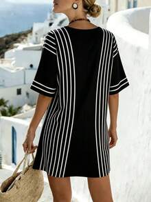 Breezaya Loose V-Neck Short Sleeve Casual Dress Daily Vacation Commute Flattering Mini Dress Black And White Striped Summer - Black - View 2