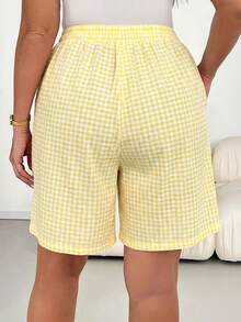 Shapeblank Pantalones/Culotes/Faldas de talle elástico con estampado de cuadros amarillo claro, de corte holgado y cómodo, para uso diario y versátil, para mujeres de talla grande, para primavera/verano. Pantalones cortos de verano, pantalones holgados, conjuntos para salir, estilo sencillo, ropa de vacaciones - Amarillo claro - Ver 2