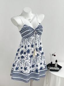 Elamini Đầm hai dây ngắn in họa tiết retro, hở lưng, cổ chữ V, dây rút, gợi cảm mùa hè. - Màu xanh lam - Xem 6