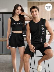 CoupledUp FRIENDS X SHEIN 1 Set Men's Summer Letter Print Tank Top And Shorts Pajama Set - Black - View 1