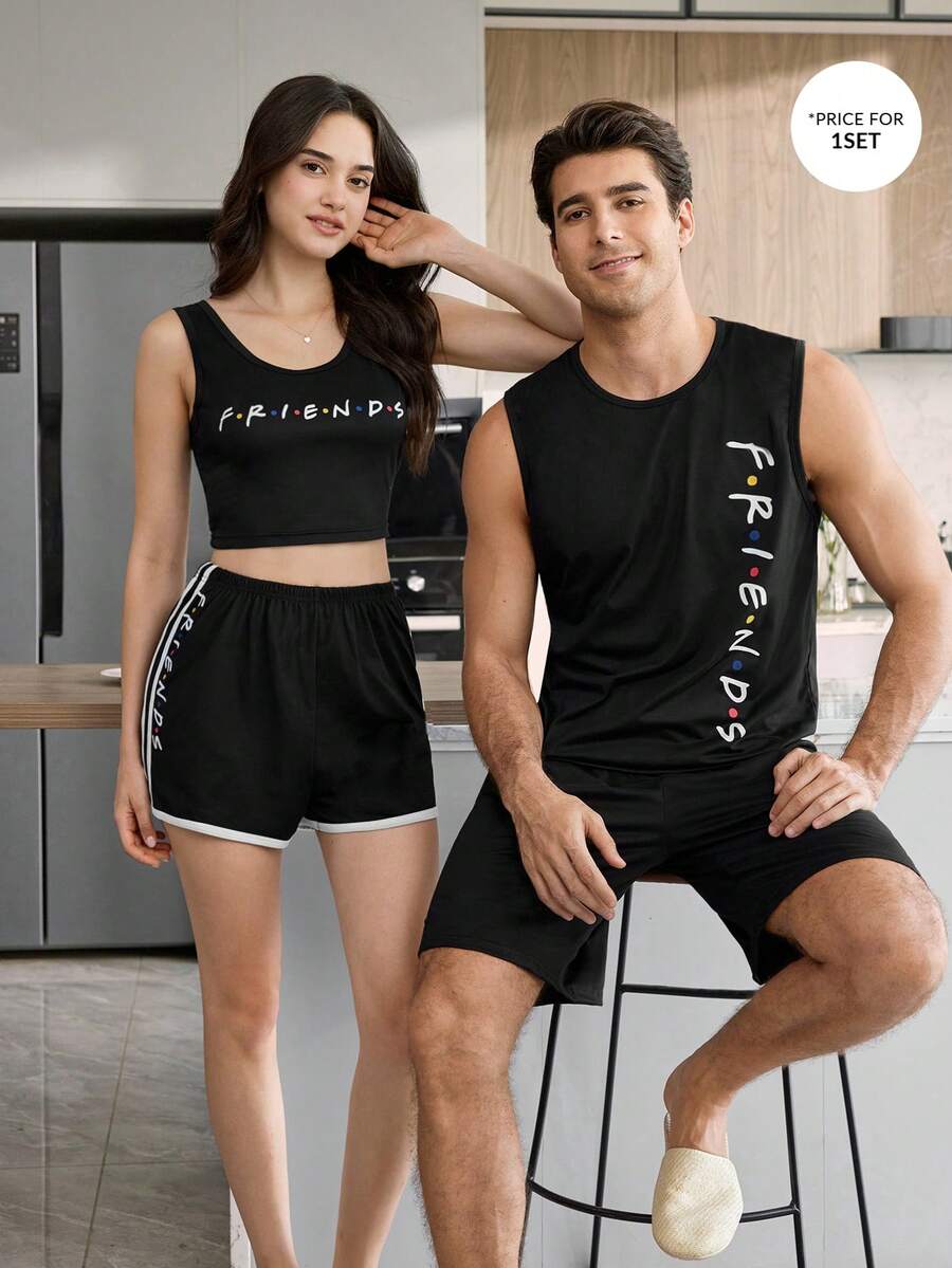 CoupledUp FRIENDS X SHEIN 1 Set Men's Summer Letter Print Tank Top And Shorts Pajama Set - Black - View 1