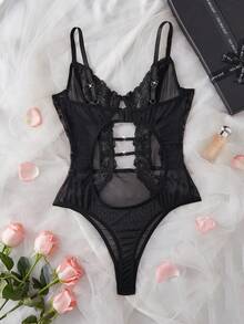 SHEIN 1件装女士性感花卉刺绣网纱连体衣 - 黑色 - View 2