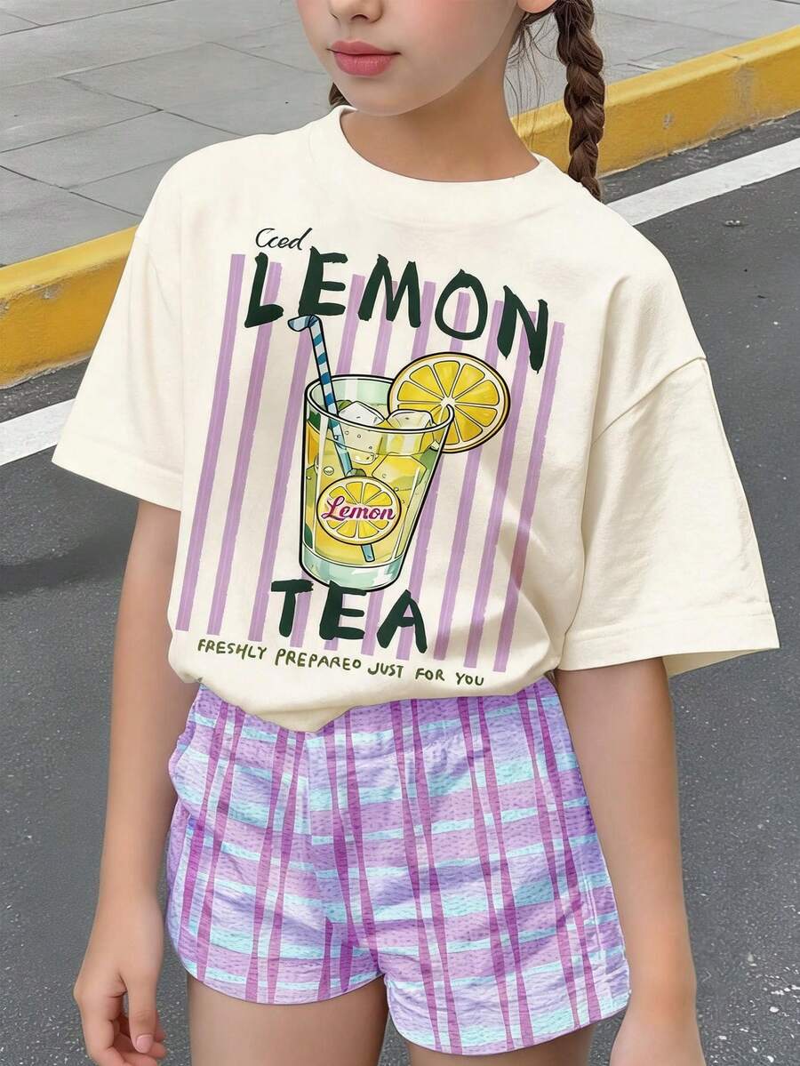 奶油色和清新紫色格子图案,海岛度假海滨饮品冰柠檬茶印花,少女休闲简约圆领短袖T恤和短裤两件套,适合春夏日常、街头风、度假、农场、度假村等场合。 - 白色 - 查看 1