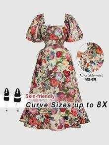 SHEIN CURVE+ 大码女式印花方领泡泡袖系带中长连衣裙，米色涤纶印花泡泡袖中长连衣裙，方领系带A字廓形，浪漫风格，春夏花园户外休闲日常穿着，轻盈梭织面料，夏季连衣裙，挤奶女工连衣裙，野花连衣裙，田园风连衣裙，花园派对连衣裙 - 彩色 - 查看 11