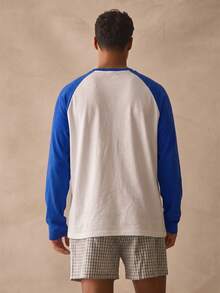 Musero Crew Neck Oversized Long Sleeve Dropped Top Shoulder Contrast Sleeves Tshirt Spring Summer Essentials - Blue - View 4