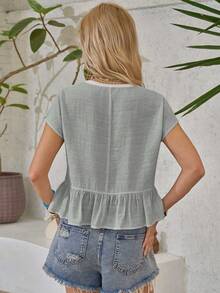 LanaWest Women's Contrast Lace Single-Breasted Ruffle Hem Blouse - Mint Green - View 2