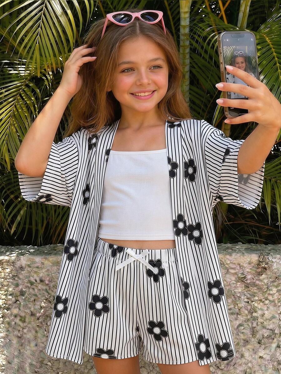 SHEIN 3pcs/Set Tween Girls' Summer Casual Vacation Floral & Striped Print Shirt Set - Black and White - View 1