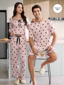 CoupledUp Polka Dot Print Short Sleeve & Shorts Men's Casual Pajama Set - Pink - View 4