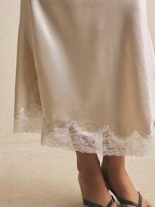 Poéselle Women's Solid Color Contrast Lace Elegant Maxi Slip Dress Day Party Cream Summer - Champagne - View 6