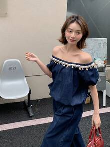 DAZY Conjunto de dos piezas de camisa casual lavada estilo coreano y jeans de corte holgado para vacaciones de mujer - Azul - Ver 6