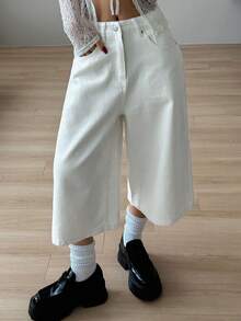 DAZY Shorts jeans femininos casuais, versáteis, de cor sólida e pernas largas. - Branco - Ver 2