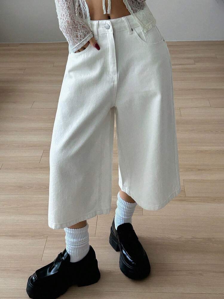Women's Casual Versatile Solid Color Wide Leg Denim Shorts Summer