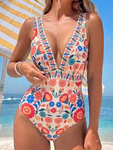 Swim Lushoire Áo tắm liền thân cổ chữ V khoét sâu họa tiết retro mới về, kiểu dáng trưởng thành, mùa xuân/hè. - Nhiều màu - Xem 3