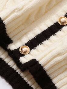 Wynsel Women's Elegant Contrast Trim Button Knit Sweater, Autumn - Beige - View 8