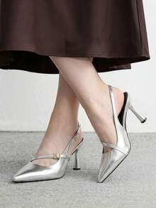 CUCCOO BIZCHIC Women Shoes Silver Metallic Back Strap Shoes, Rhinestone Buckle Decoration, Shining Dinner Party Dating Temperament Pointed Shoes - Silver - View 5